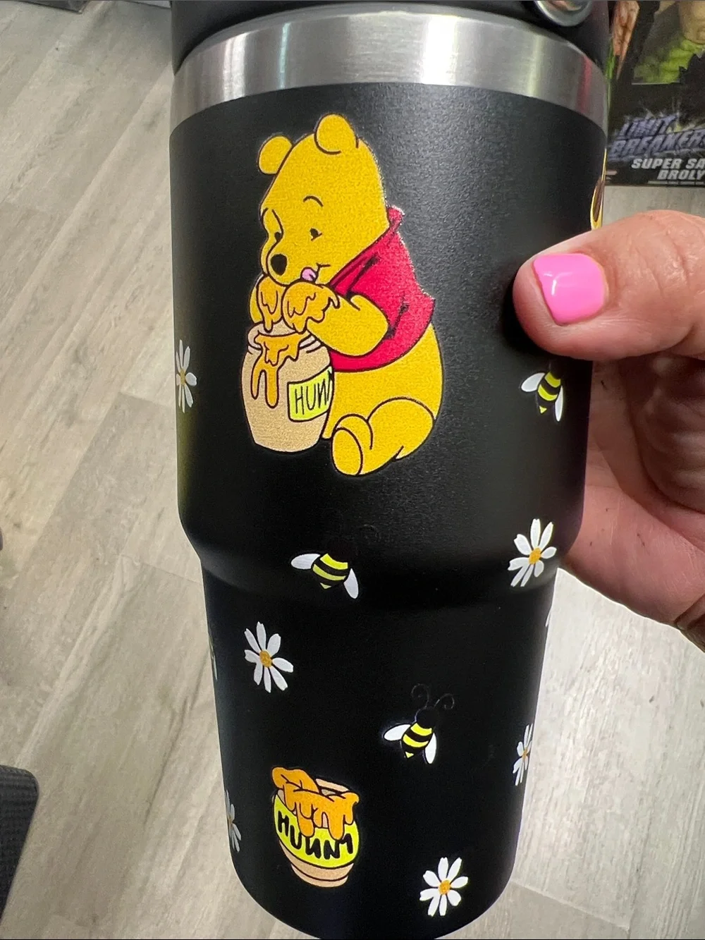 Stanley Black Winnie the Pooh Kids Travel Tumbler with Yellow & Pink Accents
